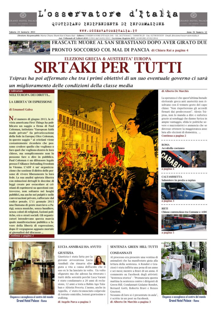 L'osservatore d'Italia edizione del 24 Gennaio 2015